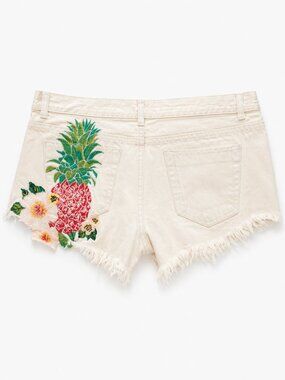 FARM Rio White Distressed Denim Shorts Pineapple Embroidered